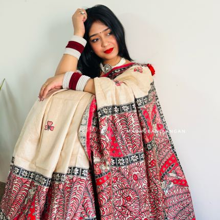 Raadhika Madhubani Hand-Painted Tussar Silk Saree