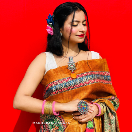 Vaidehi Madhubani Hand-Painted Tussar Silk Saree